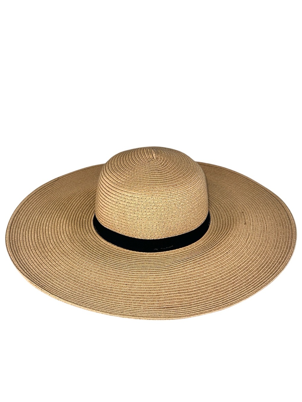 Kate Landry Wide Brim Straw Sun Hat Beige Black Band Beach Resort Boho Summer